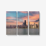 Deep Sunset Chicago 3 Piece Canvas Wall Art for Living Room - Framed Ready to Hang 3x8"x18"