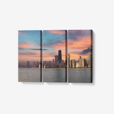 Deep Sunset Chicago 3 Piece Canvas Wall Art for Living Room - Framed Ready to Hang 3x8"x18"