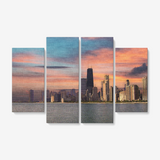 Deep Sunset Over Chicago 4 Piece Canvas Wall Art for Living Room - Framed Ready to Hang 4x12"x32