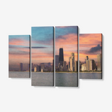 Deep Sunset Over Chicago 4 Piece Canvas Wall Art for Living Room - Framed Ready to Hang 4x12"x32